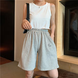Casual Loose Oversize Women Shorts Solid Embroidery Leisure Korean Style Elastic Sweatpants Pockets Wide Leg Short Pants