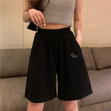 Casual Loose Oversize Women Shorts Solid Embroidery Leisure Korean Style Elastic Sweatpants Pockets Wide Leg Short Pants