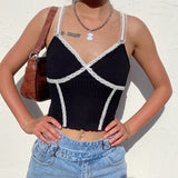 Sweet Spaghetti Strap Deep V Women Lace Tops Camis Women Tops  Summer Tops Ribbed Backless Crop Tops Streetwear  tops