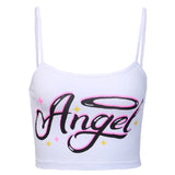 Women Angel Letter Printed Tees Summer Short Sleeve T-Shirts Fashion Slim Crop Top Casual Outdoor Dance Knot Short Tops 2020 New