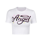 Women Angel Letter Printed Tees Summer Short Sleeve T-Shirts Fashion Slim Crop Top Casual Outdoor Dance Knot Short Tops 2020 New