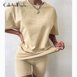 Casual Basic Women's Two Pieces of Sets Homewear Oversize Shirt and Skinny Shorts Set Streetwear Letter Print Set  Cuteandpsycho