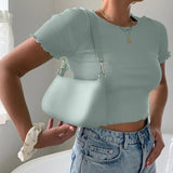 Women's Knitted V-Neck Ribbed Short-Sleeve Crop Top With Button Short Summer Top Short Shirt Solid Color Casual Tops топ женский