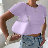 Women's Knitted V-Neck Ribbed Short-Sleeve Crop Top With Button Short Summer Top Short Shirt Solid Color Casual Tops топ женский