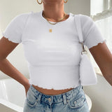 Women's Knitted V-Neck Ribbed Short-Sleeve Crop Top With Button Short Summer Top Short Shirt Solid Color Casual Tops топ женский