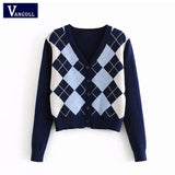 Vangull vintage geometric rhombic women sweater Plaid Knitting cardigan Autumn long sleeve outerwear england style Argyle tops