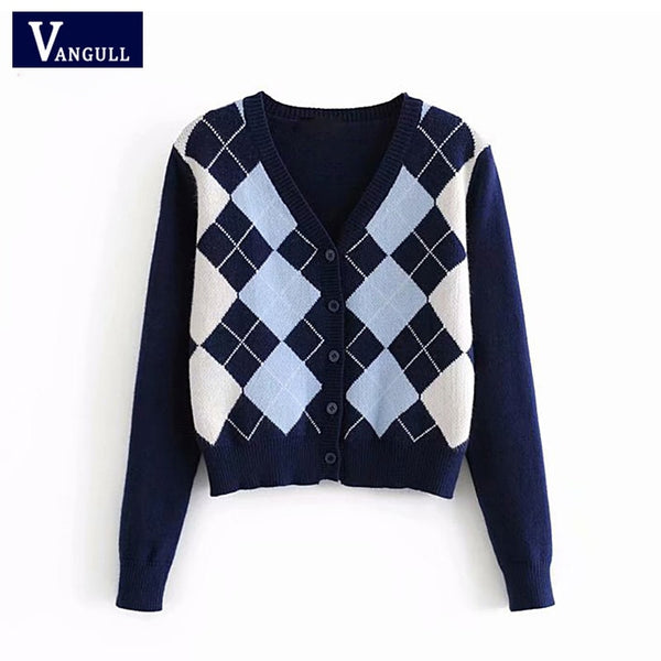 Vangull vintage geometric rhombic women sweater Plaid Knitting cardigan Autumn long sleeve outerwear england style Argyle tops