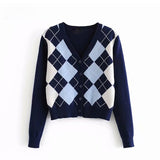 Vangull vintage geometric rhombic women sweater Plaid Knitting cardigan Autumn long sleeve outerwear england style Argyle tops