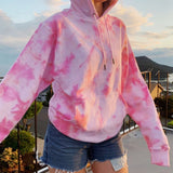 Women Hoodie Drawstring Autumn Baggy Hooded Loose Plus Size Tie Dye Printed Sweatshirts Warm Tie Colorful Dyeing Hoodie @A14