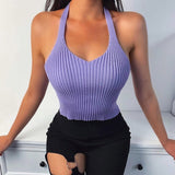Summer Strappy Knit Crop Top Sleeveless Women  Basic Shirt Purple Off Shoulder Ribbed Black Tank Top