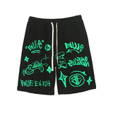 Harajuku Green Graffiti Print Loose Casual Shorts Men and Women Drawstring Baggy Streetwear Shorts Summer Oversize Hip Hop Short