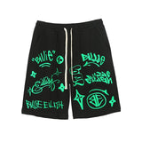 Harajuku Green Graffiti Print Loose Casual Shorts Men and Women Drawstring Baggy Streetwear Shorts Summer Oversize Hip Hop Short