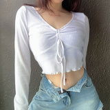 Knitted Cardigan Ladies T-Shirts Long Sleeve Y2K 90s Cropped Party Tops Drawsting Front Ruffles White Shirt Summer Basic tops