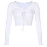 Knitted Cardigan Ladies T-Shirts Long Sleeve Y2K 90s Cropped Party Tops Drawsting Front Ruffles White Shirt Summer Basic tops