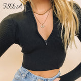 FSDA V Neck Zip Up Ribber Autumn 2020 Black Crop Top Long Sleeve Women Gray Basic Top Shirt Casual T Shirts Streetwear