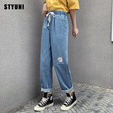 2020 Woman Autumn Daisy Embroidery Vintage Pockets Denim Pants High Waist Straight Ankle-length Pants Women брюки штаны женские