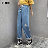 2020 Woman Autumn Daisy Embroidery Vintage Pockets Denim Pants High Waist Straight Ankle-length Pants Women брюки штаны женские