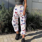 Butterfly Print Baggy Cargo Pants Women Jogger Sweatpants Casual Elastic High Waist Trousers Female Hip Hop Streetwear#J3