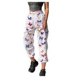 Butterfly Print Baggy Cargo Pants Women Jogger Sweatpants Casual Elastic High Waist Trousers Female Hip Hop Streetwear#J3