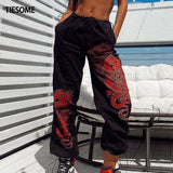 TIESOME Featured Drawstring Elastic Waist Dragon Print Pants Loose Pockets Women 2020 Hip hop Streetwear Trousers High Street
