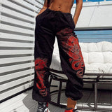 TIESOME Featured Drawstring Elastic Waist Dragon Print Pants Loose Pockets Women 2020 Hip hop Streetwear Trousers High Street