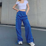 Women Fashion Streetwear Cargo Pants Blue Elastic Waist Joggers Female Loose Trousers Casual Plus Size Haren Pants