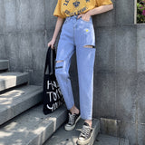 Straight Ripped Wide Leg Jeans For Women High Waist Loose Leisure Harem Pants Embroidery Denim Clothing Female 2020 New Hot