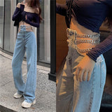 Link Chain Denim Pants Women Fashion High Waist Trouser Casual Wide Leg Boyfriend Jeans Female Korean Loose Streetwear Pant