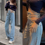 Link Chain Denim Pants Women Fashion High Waist Trouser Casual Wide Leg Boyfriend Jeans Female Korean Loose Streetwear Pant