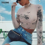 TIESOME Renaissance Print Vintage Short T Shirt Women Long Sleeve Fashion Basis Slim Tops Party Club Streetwear Sexy Tee