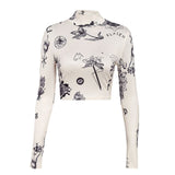 TIESOME Renaissance Print Vintage Short T Shirt Women Long Sleeve Fashion Basis Slim Tops Party Club Streetwear Sexy Tee
