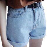 2020 Summer High Waist Denim Shorts Women Casual Loose Ladies Fashion Roll Up Hem Elastic Waist Pocket Blue White Jeans Female