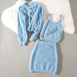 Cthink Solid 3 Piece Set Faux Mink Blue Cardigan And Vest And Skirt Sets For Women Good Quality Autumn Fashon Set Fall Wear