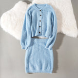 Cthink Solid 3 Piece Set Faux Mink Blue Cardigan And Vest And Skirt Sets For Women Good Quality Autumn Fashon Set Fall Wear