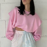 Artsu Casual Loose Sweatshirt Women Pink White Long Sleeve Sweat Shirt Autumn Clothes Pullover Drawstring Crop Top ASHO81520