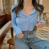 Sexy V Neck Button Long Sleeve Sweaters Spring Autumn Women Thin Single Breasted Sweater Lady Cropped Tops Jumper WDC4766