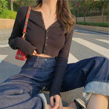 Sexy V Neck Button Long Sleeve Sweaters Spring Autumn Women Thin Single Breasted Sweater Lady Cropped Tops Jumper WDC4766