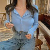 Sexy V Neck Button Long Sleeve Sweaters Spring Autumn Women Thin Single Breasted Sweater Lady Cropped Tops Jumper WDC4766