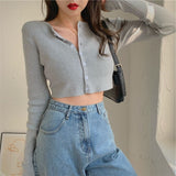 Sexy V Neck Button Long Sleeve Sweaters Spring Autumn Women Thin Single Breasted Sweater Lady Cropped Tops Jumper WDC4766