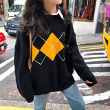 Style Autumn Winter Geometric Pattern Argyle Pullovers Loose Oversized O-Neck Knitted Sweaters Woman Jumper Mujer