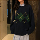 Style Autumn Winter Geometric Pattern Argyle Pullovers Loose Oversized O-Neck Knitted Sweaters Woman Jumper Mujer