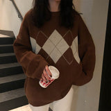 Style Autumn Winter Geometric Pattern Argyle Pullovers Loose Oversized O-Neck Knitted Sweaters Woman Jumper Mujer