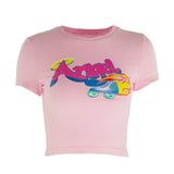 Women Angel Letter Printed Tees Summer Short Sleeve T-Shirts Fashion Slim Crop Top Casual Outdoor Dance Knot Short Tops 2020 New