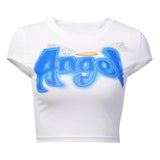 Women Angel Letter Printed Tees Summer Short Sleeve T-Shirts Fashion Slim Crop Top Casual Outdoor Dance Knot Short Tops 2020 New