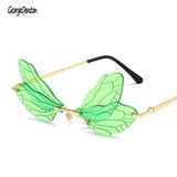Fashion Rimless Dragonfly Wing Sunglasses Women Vintage Clear Ocean Lens Eyewear Men Pink Yellow Sun Glasses Shades UV400