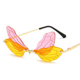Fashion Rimless Dragonfly Wing Sunglasses Women Vintage Clear Ocean Lens Eyewear Men Pink Yellow Sun Glasses Shades UV400